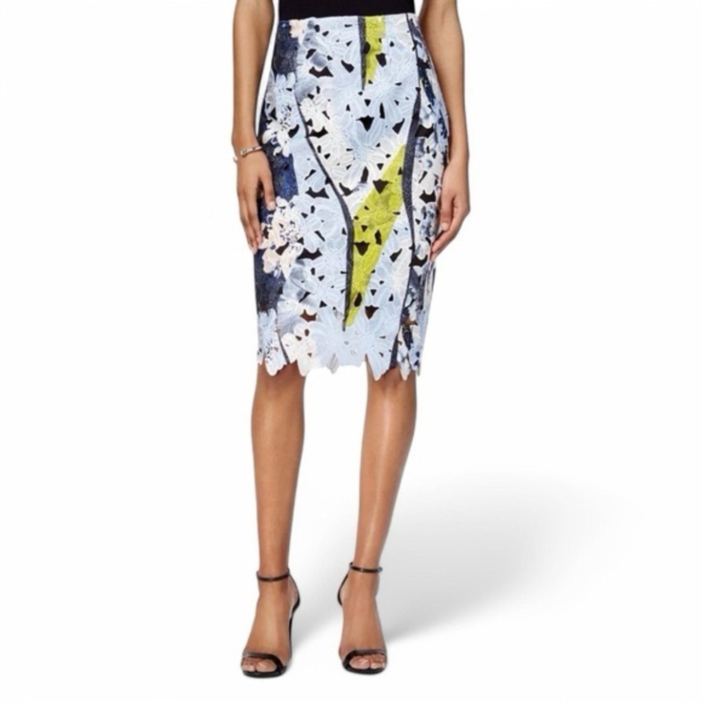 Bar III Floral Lace Pencil Skirt - Blue, White, Yellow